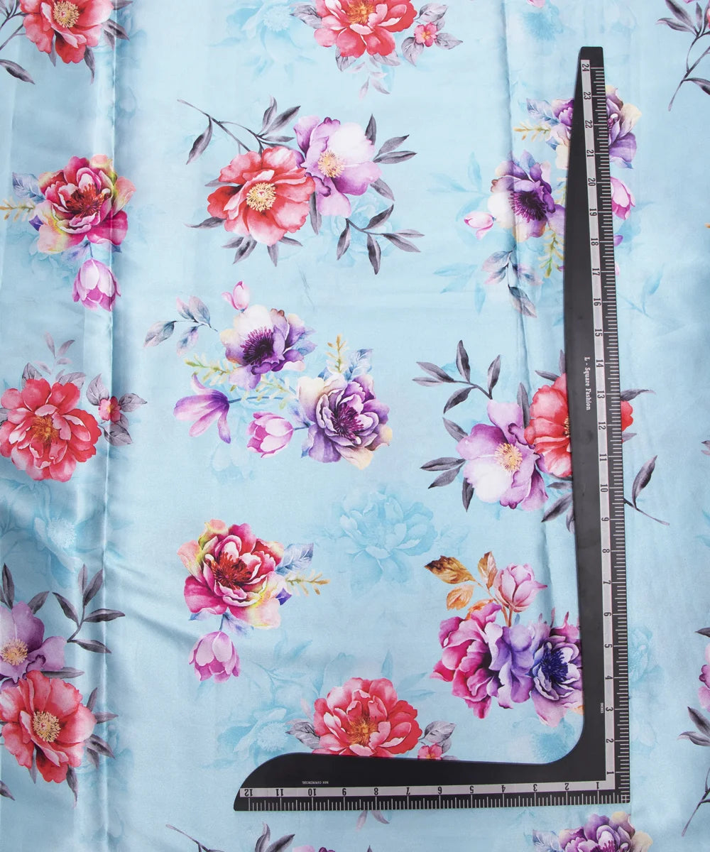 Light Blue Floral Digital Print Japan Satin Fabric