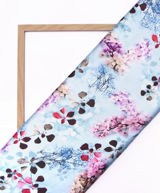 Blue Digital Floral Print Japan Satin Fabric