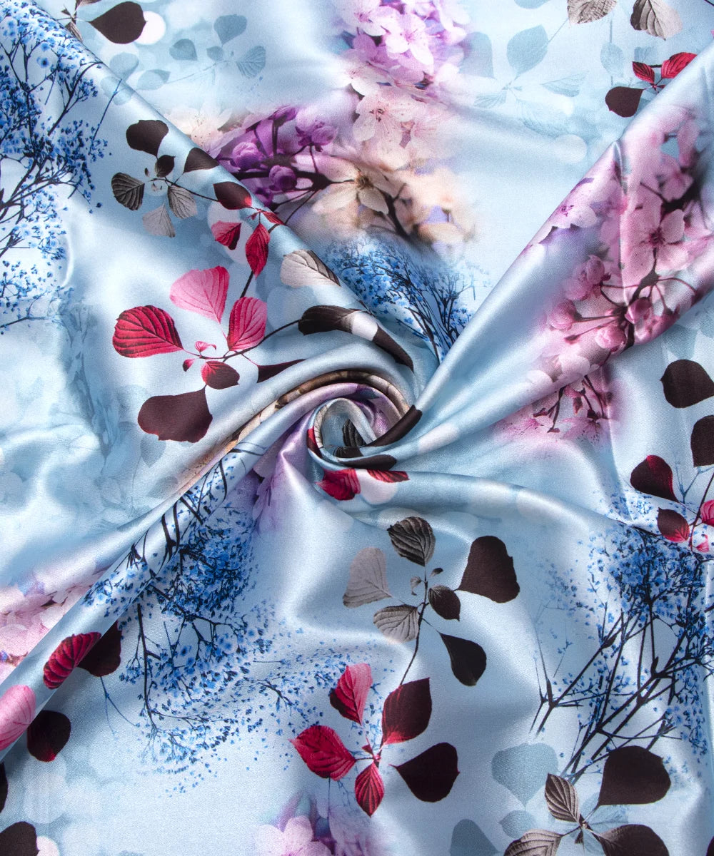 Buy Blue Floral Digital Print Japan Satin Fabric Online – Fabric Bazaar