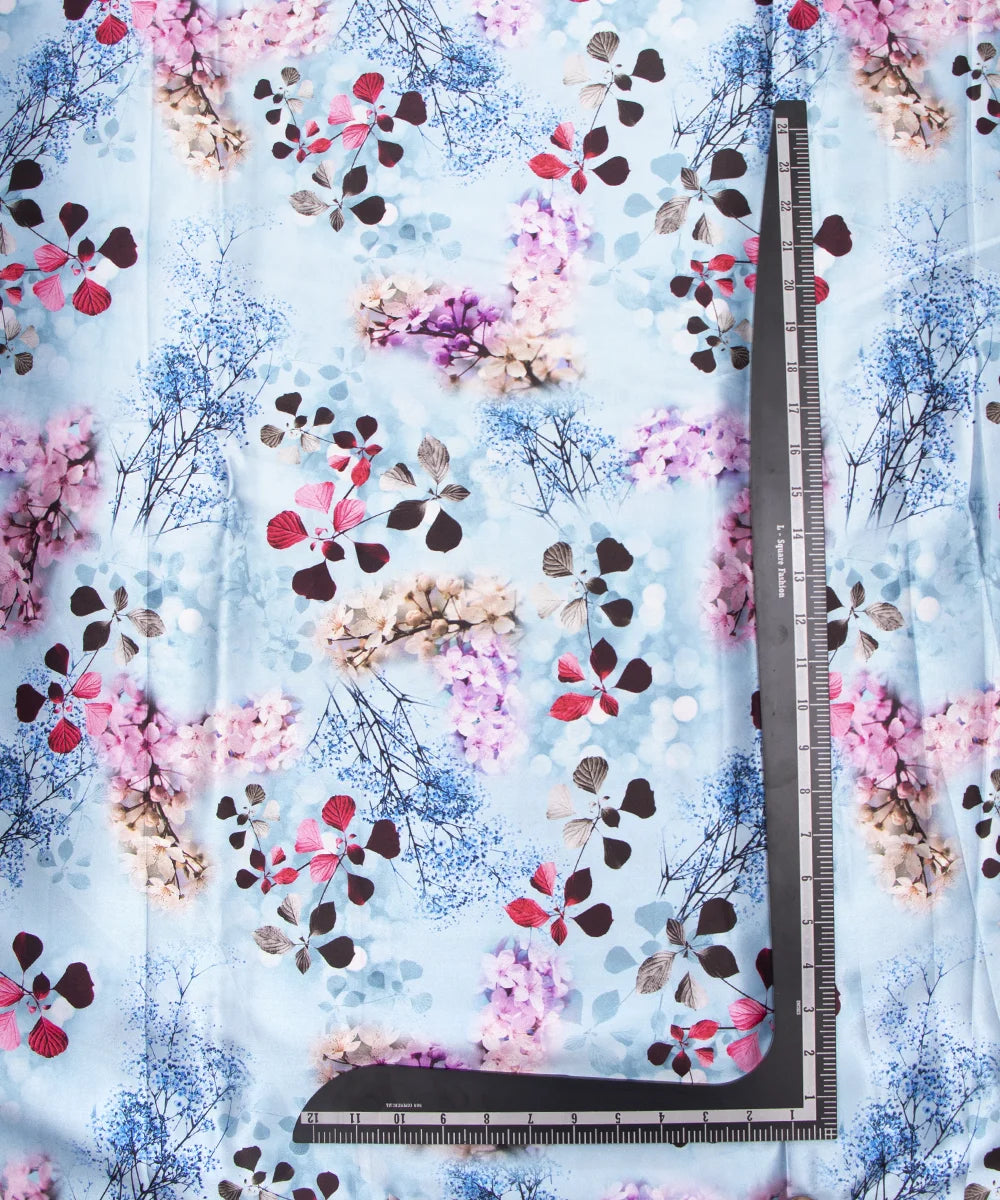 Blue Digital Floral Print Japan Satin Fabric