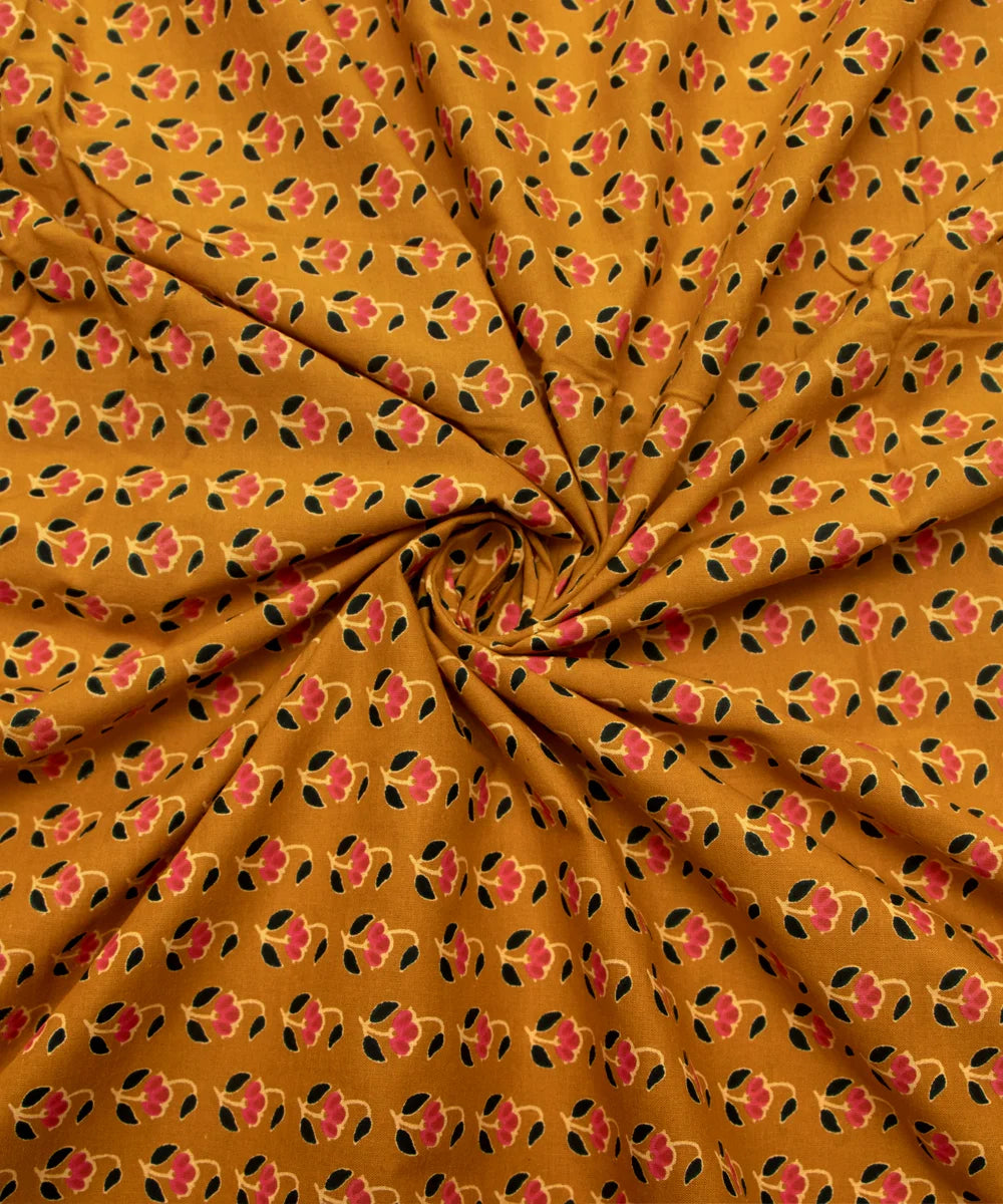 Jaipuri Screen Printed Mustard Floral Pure Cotton Fabric