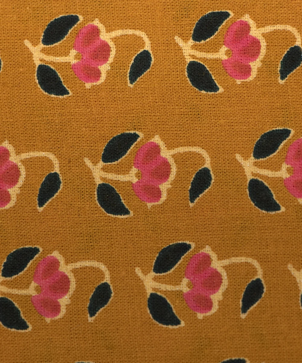 Jaipuri Screen Printed Mustard Floral Pure Cotton Fabric