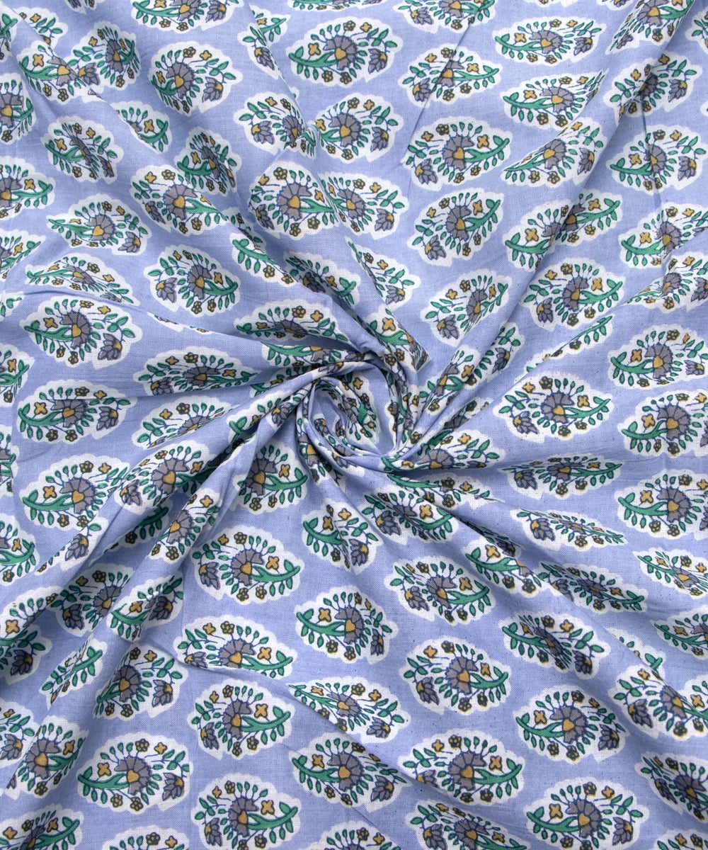 Jaipuri Screen Printed Light Bluish Pure Cotton Fabric