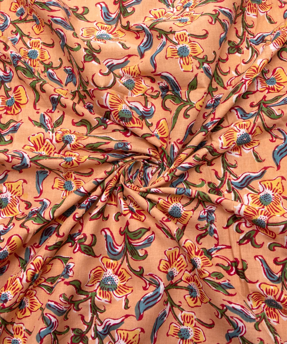 Jaipuri Screen Printed Light Peach Floral Pure Cotton Fabric