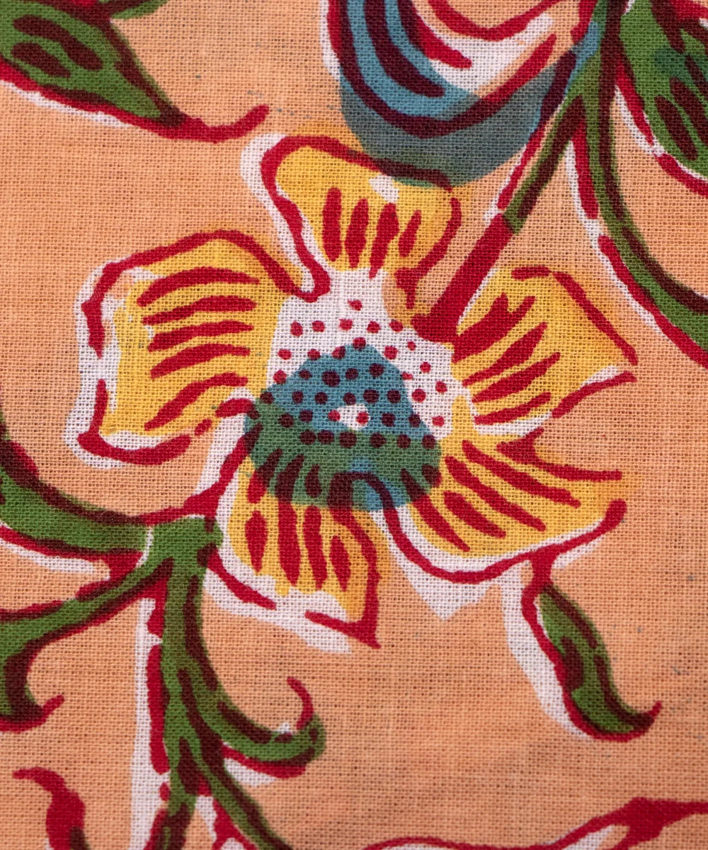 Jaipuri Screen Printed Light Peach Floral Pure Cotton Fabric