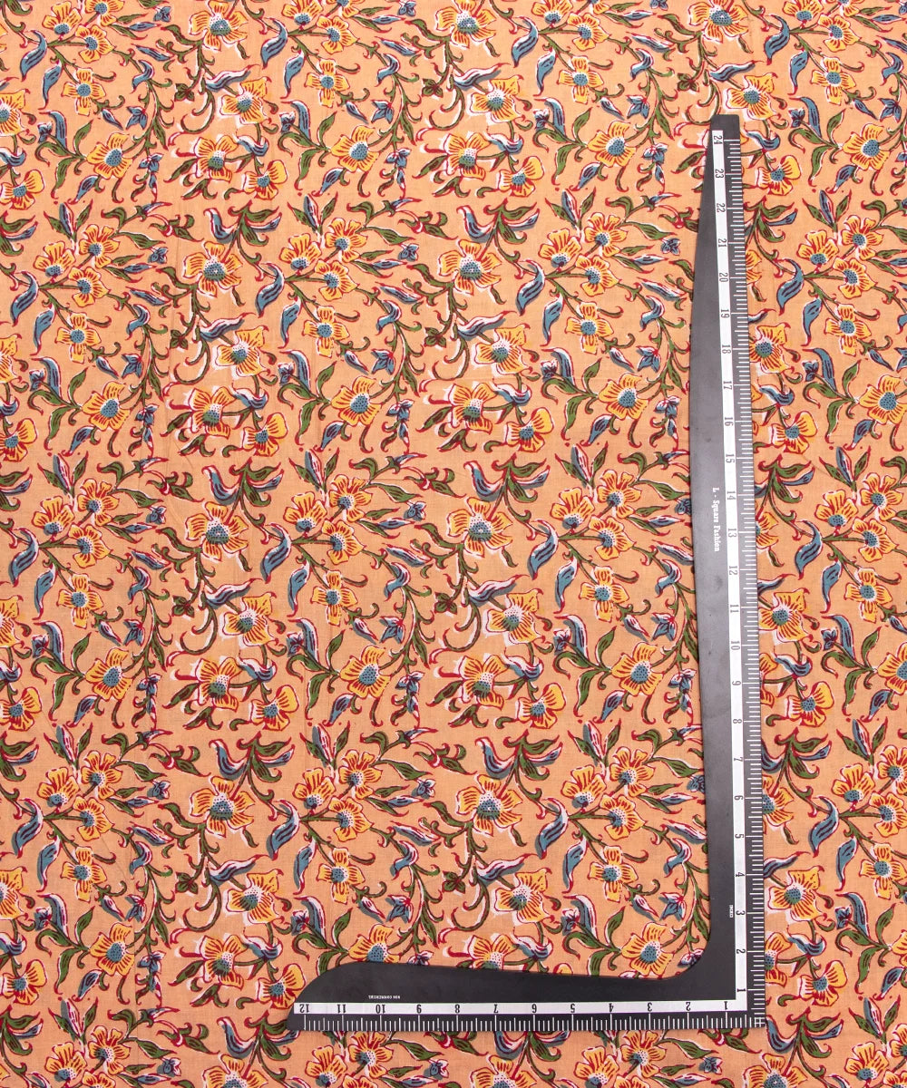Jaipuri Screen Printed Light Peach Floral Pure Cotton Fabric