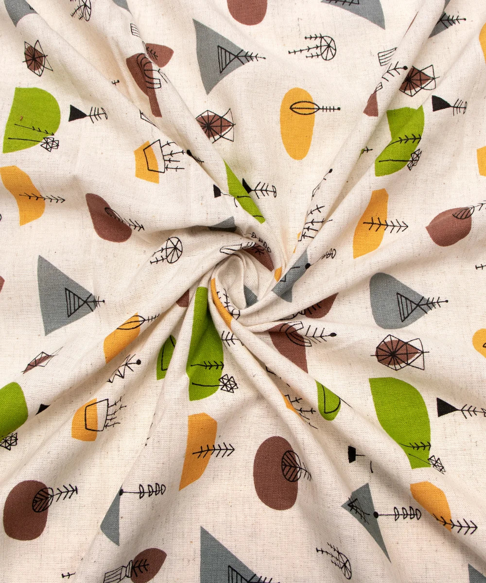 Jaipuri Screen Printed Geomatical Off White Pure Cotton Flex Fabric