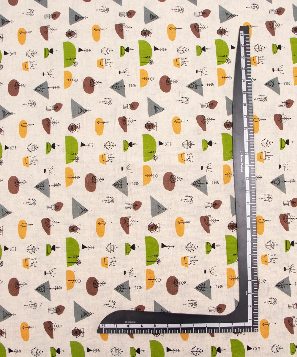 Jaipuri Screen Printed Geomatical Off White Pure Cotton Flex Fabric