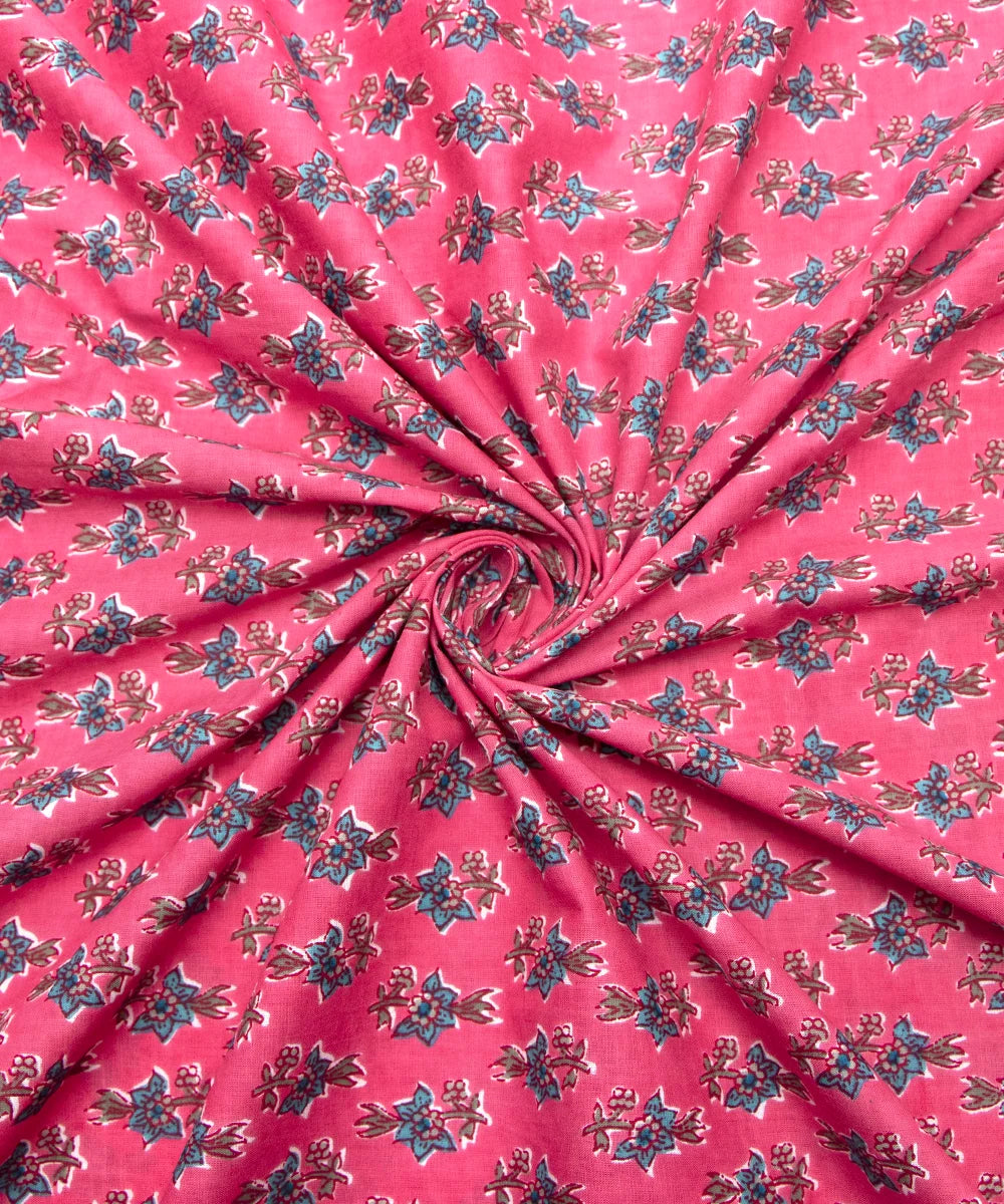 Jaipuri Screen Printed Warn Pink Floral Butti Pure Cotton Fabric