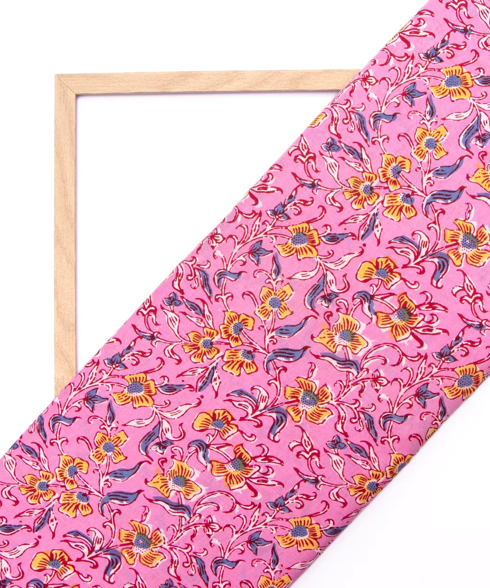 Jaipuri Screen Printed Pink Floral Pure Cotton Fabric