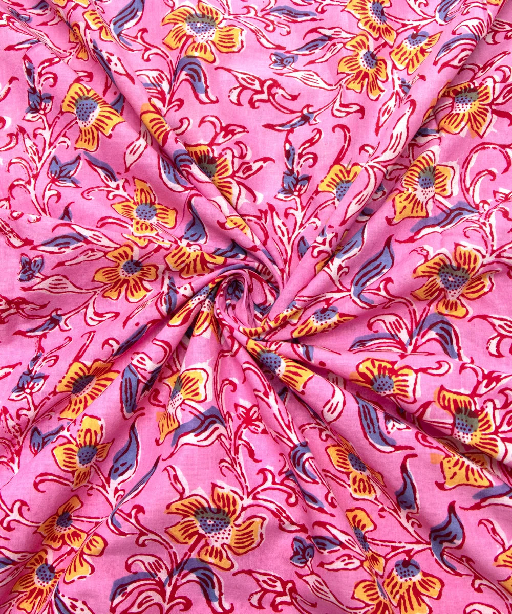 Jaipuri Screen Printed Pink Floral Pure Cotton Fabric
