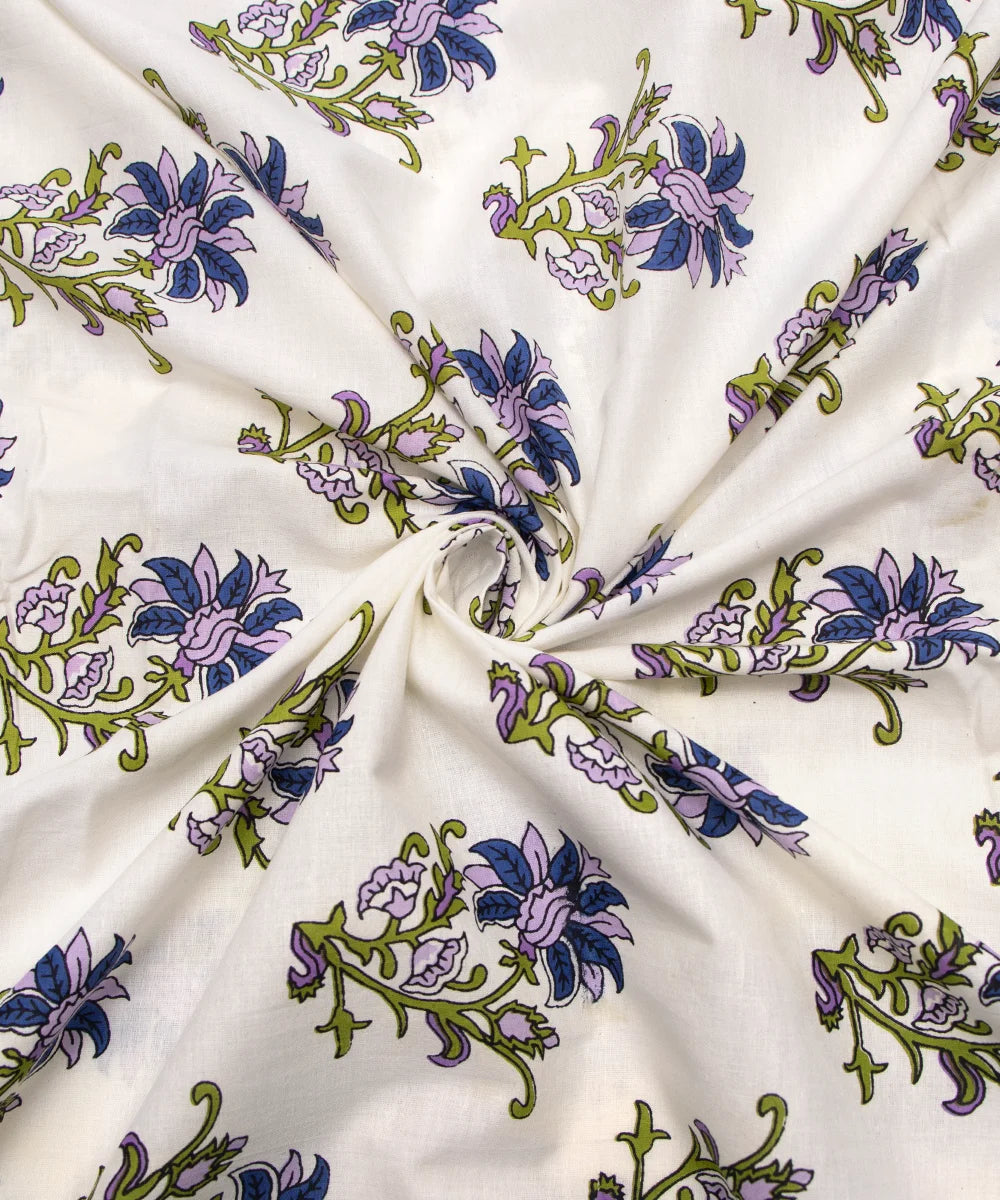 Jaipuri Screen Printed White Floral Butti Pure Cotton Fabric