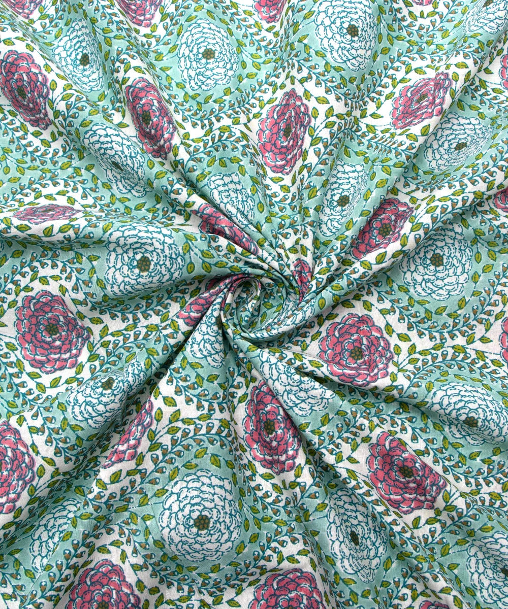 Jaipuri Screen Printed Green Floral Pure Cotton Fabric