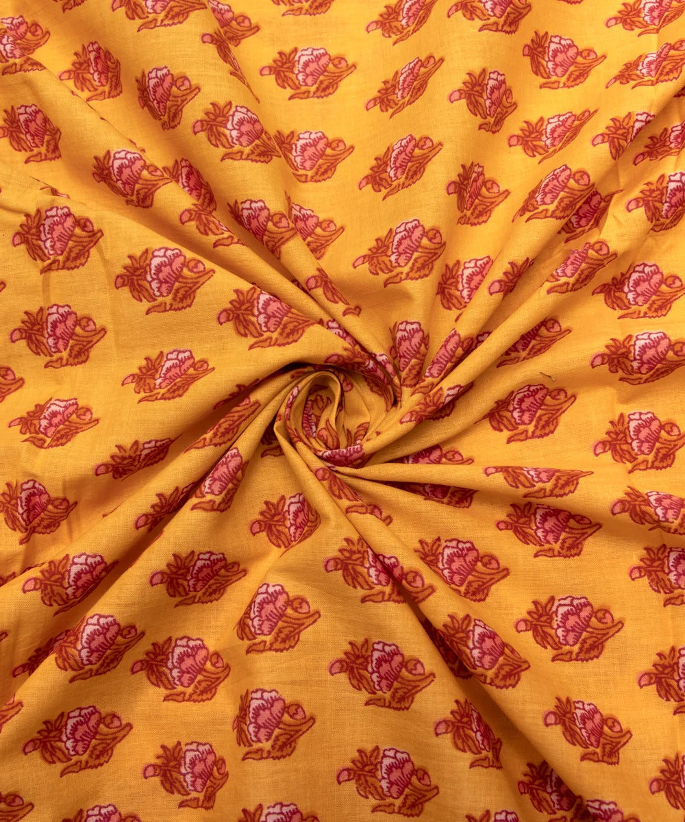 Jaipuri Screen Printed Mustard Butti Pure Cotton Fabric