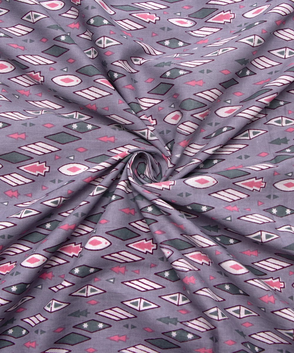Jaipuri Screen Printed Grey Pure Cotton Fabric