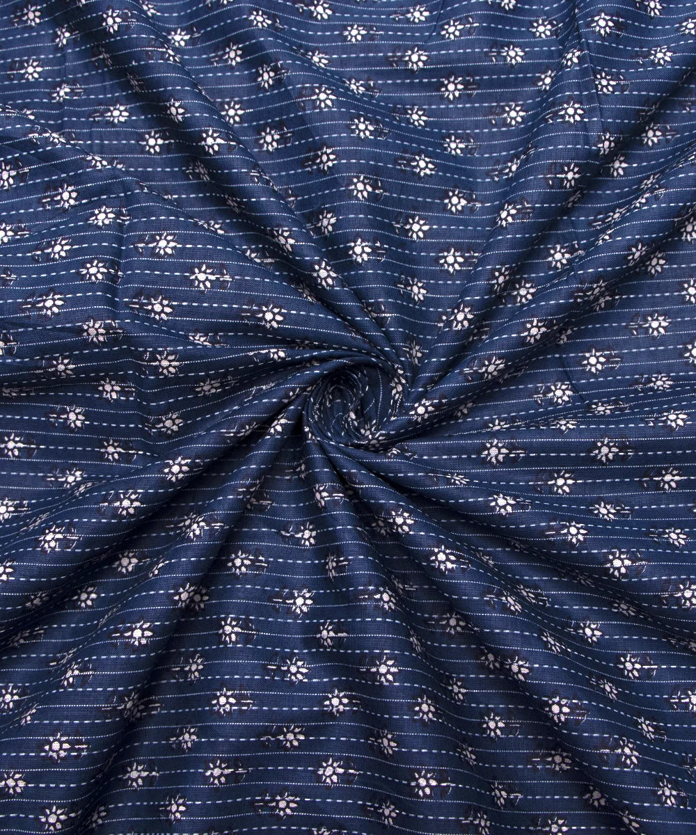Jaipuri Nevi Blue Kantha Printed Pure Cotton Fabric