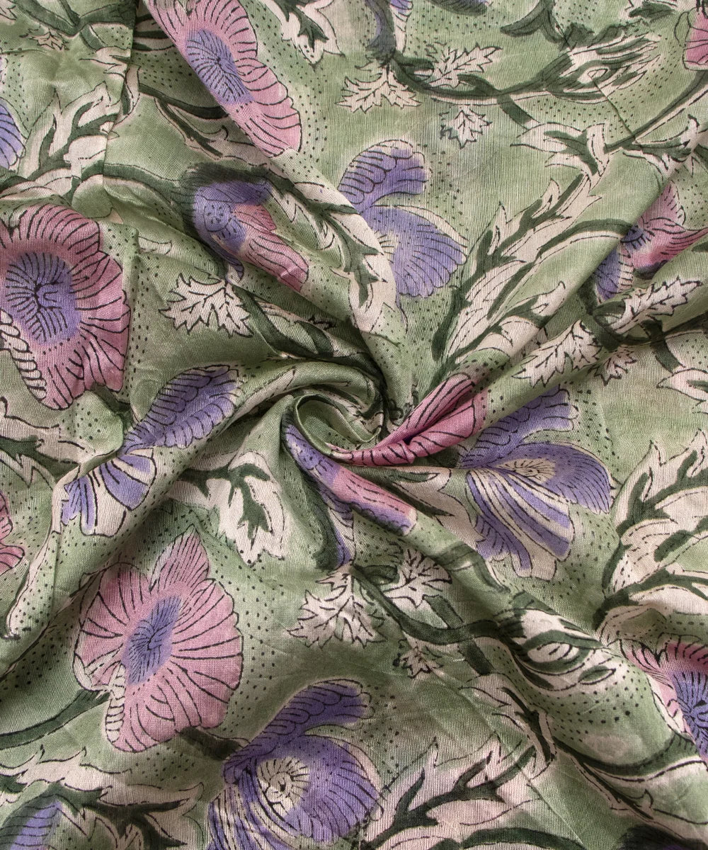 Jaipuri Premium Handblock Green Printed Natural Dye Chanderi Silk Fabric