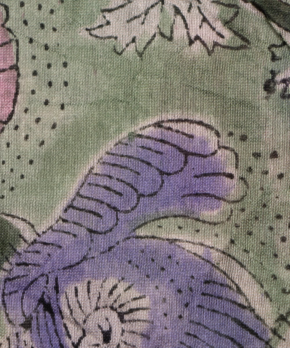 Jaipuri Premium Handblock Green Printed Natural Dye Chanderi Silk Fabric