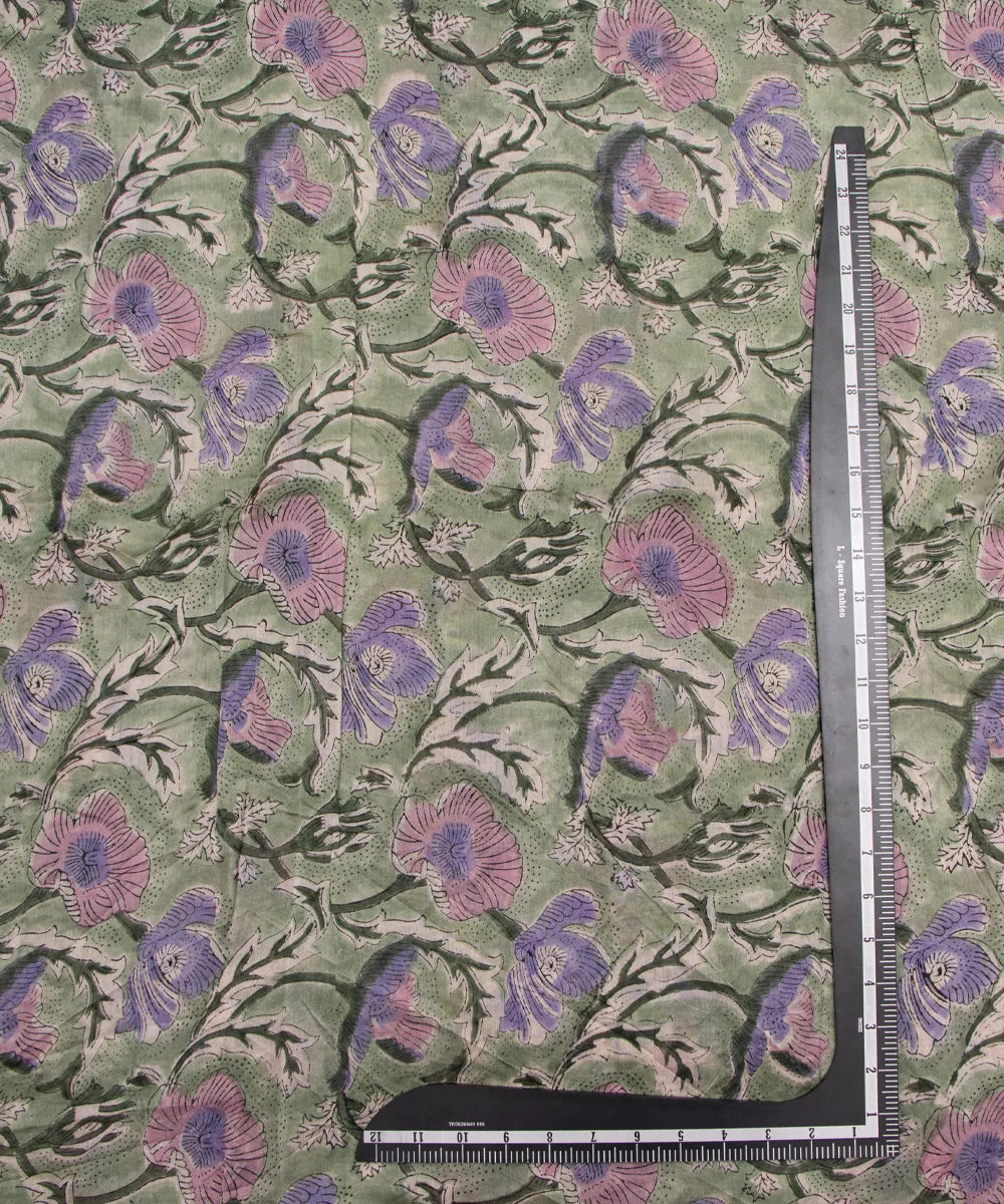 Jaipuri Premium Handblock Green Printed Natural Dye Chanderi Silk Fabric