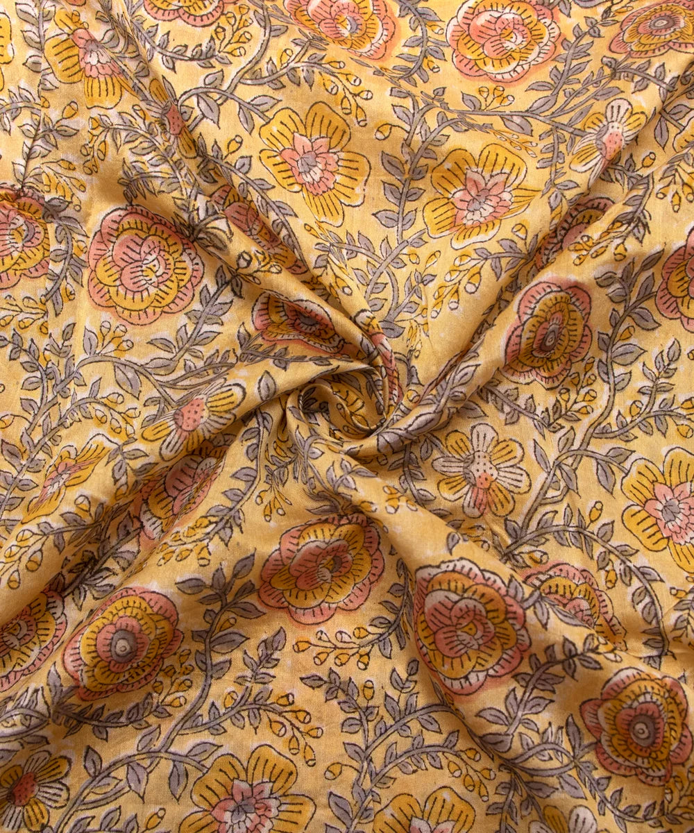 Jaipuri Premium Handblock Yellow Printed Natural Dye Chanderi Silk Fabric