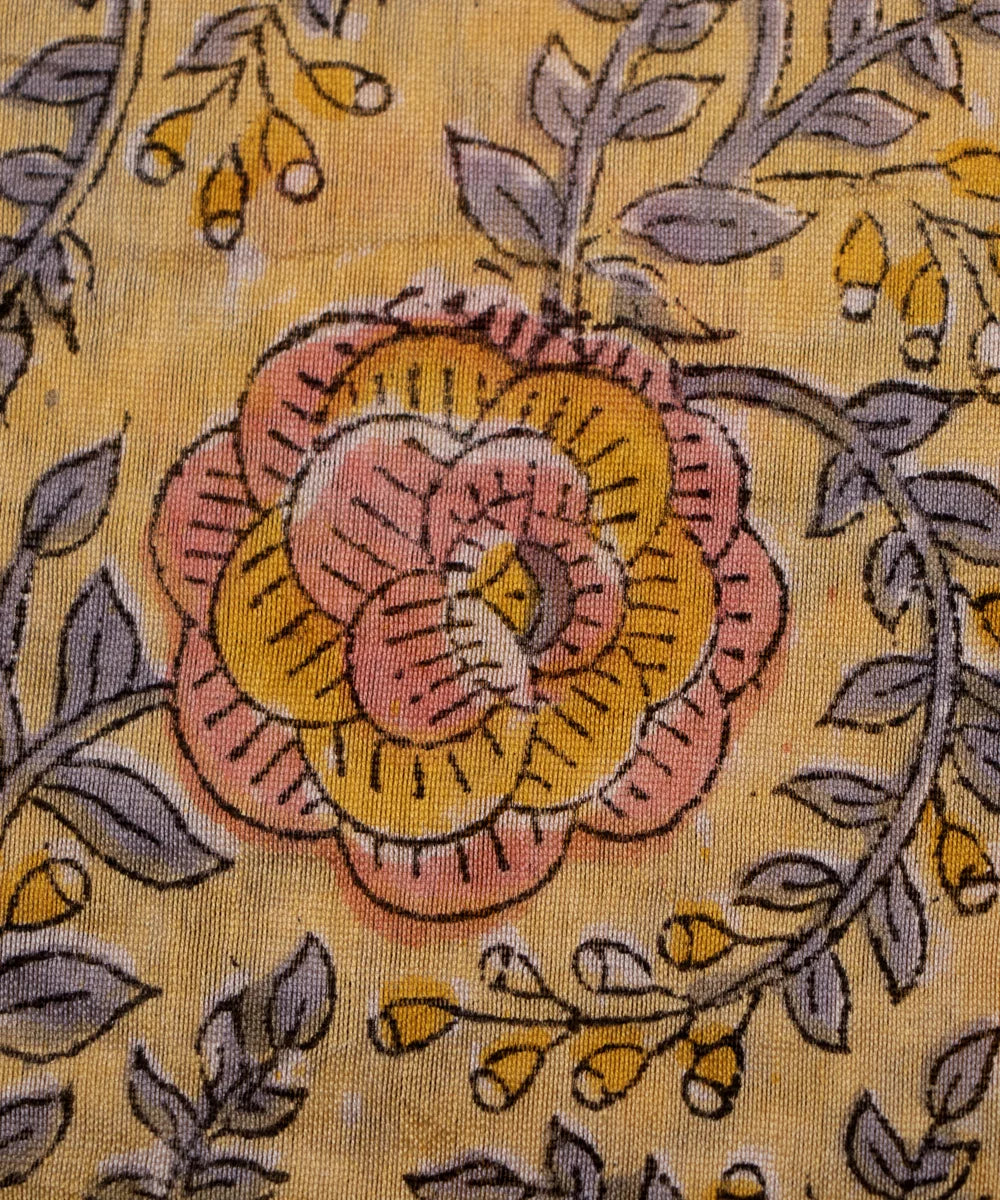 Jaipuri Premium Handblock Yellow Printed Natural Dye Chanderi Silk Fabric