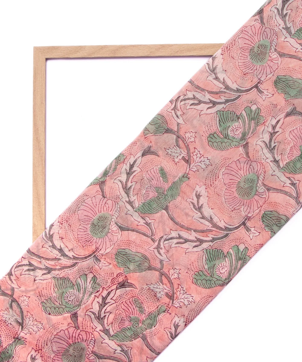 Jaipuri Premium Handblock Peach Printed Natural Dye Chanderi Silk Fabric