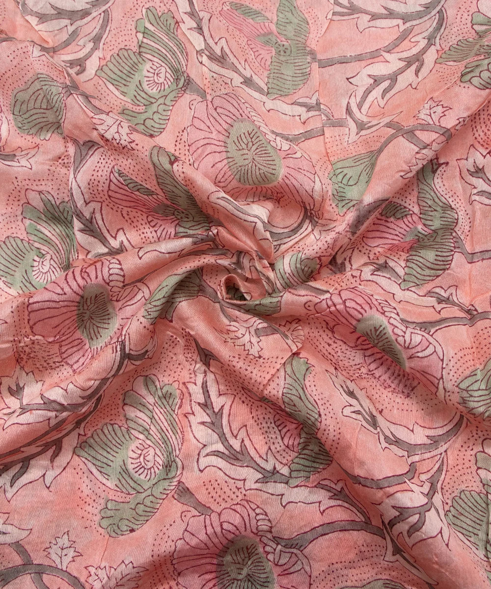 Jaipuri Premium Handblock Peach Printed Natural Dye Chanderi Silk Fabric