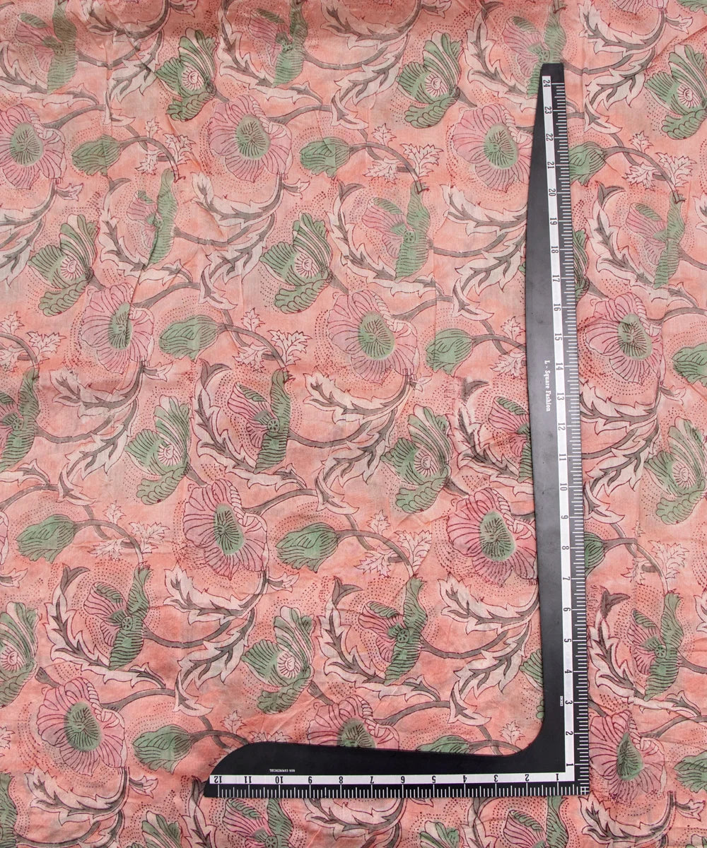 Jaipuri Premium Handblock Peach Printed Natural Dye Chanderi Silk Fabric
