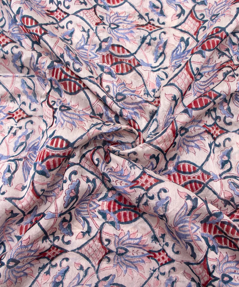 Jaipuri Premium Handblock Peach Printed Natural Dye Chanderi Silk Fabric