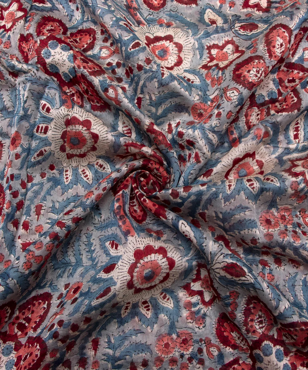 Jaipuri Premium Handblock Dark Grey Printed Natural Dye Chanderi Silk Fabric