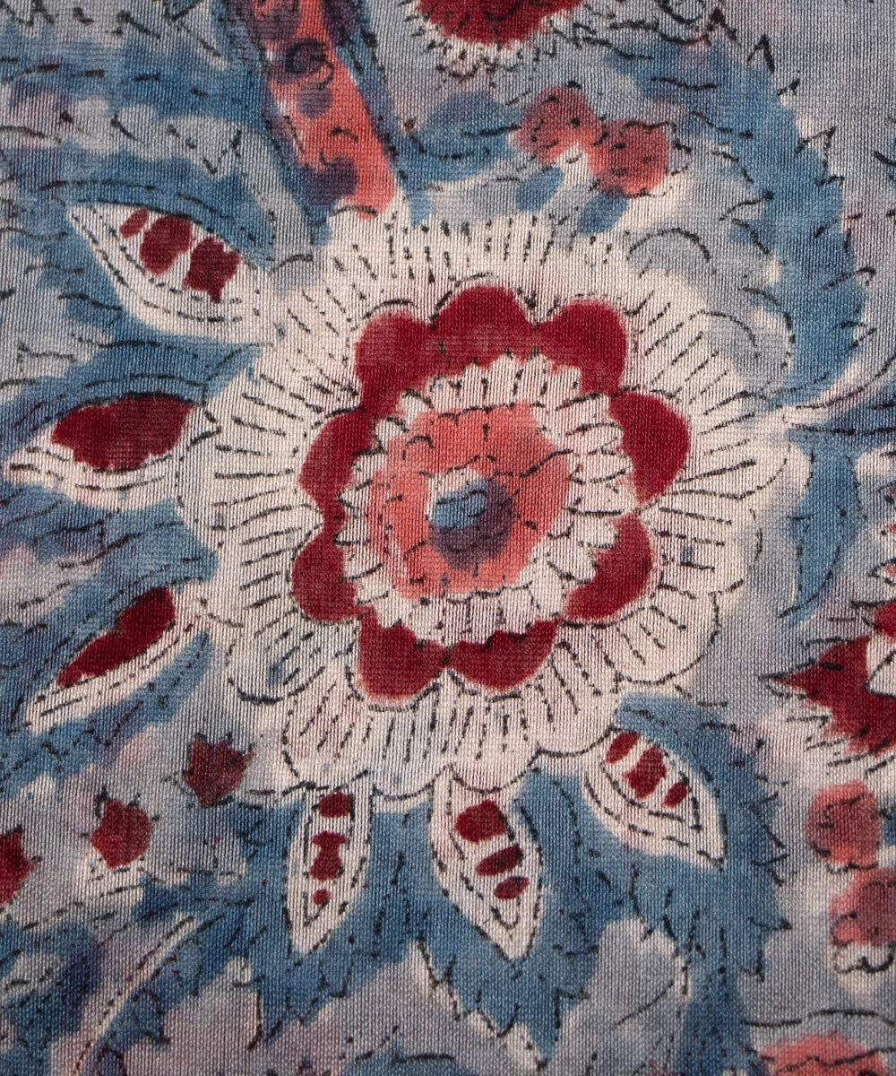 Jaipuri Premium Handblock Dark Grey Printed Natural Dye Chanderi Silk Fabric