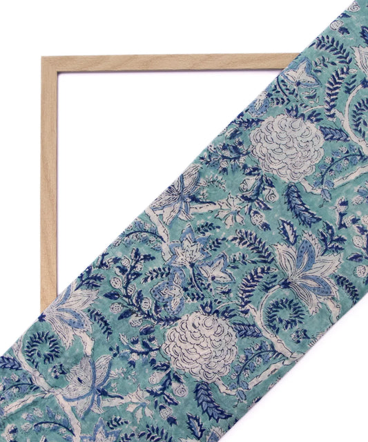 Jaipuri Premium Handblock Light Blue Printed Natural Dye Chanderi Silk Fabric