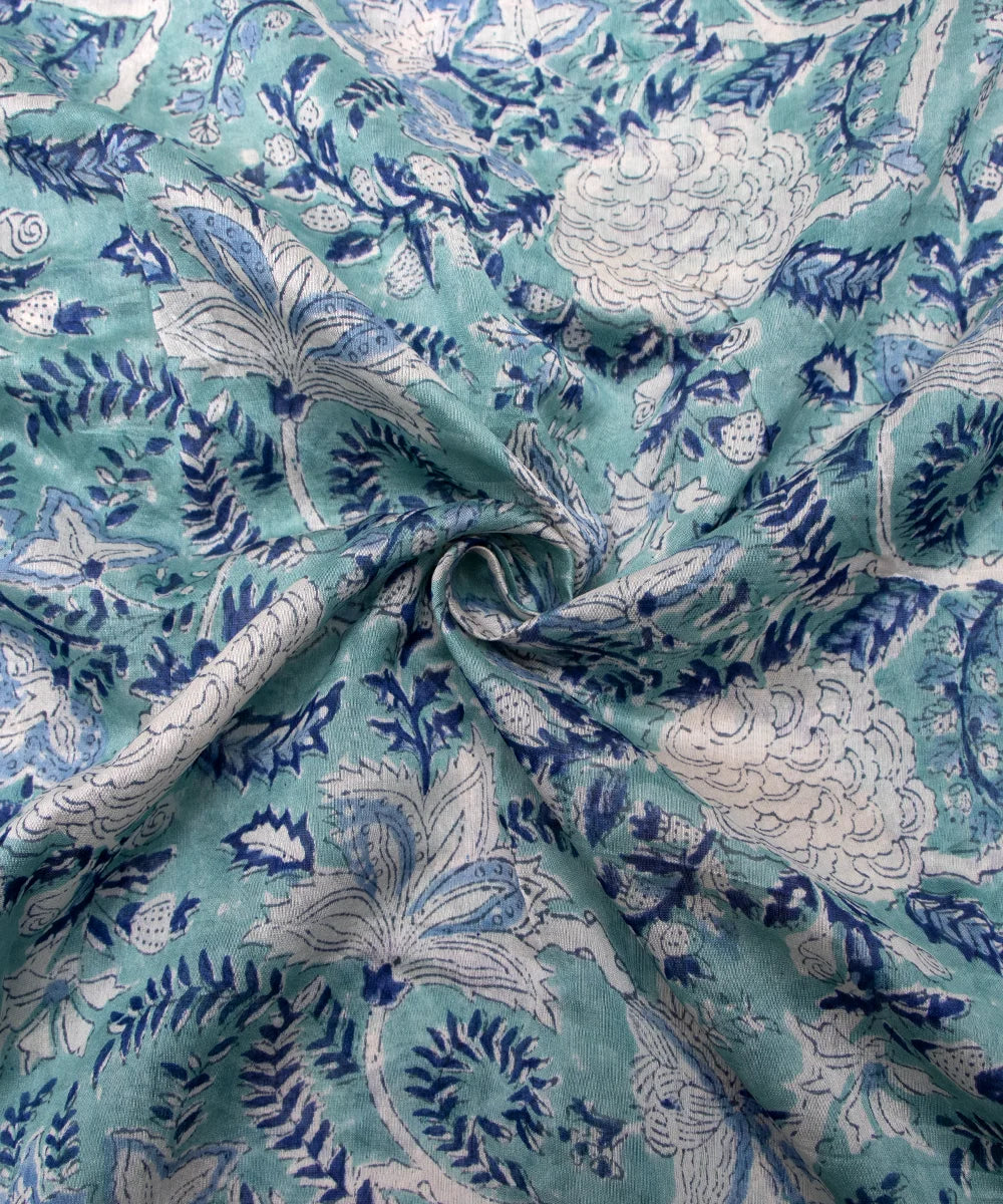 Jaipuri Premium Handblock Light Blue Printed Natural Dye Chanderi Silk Fabric