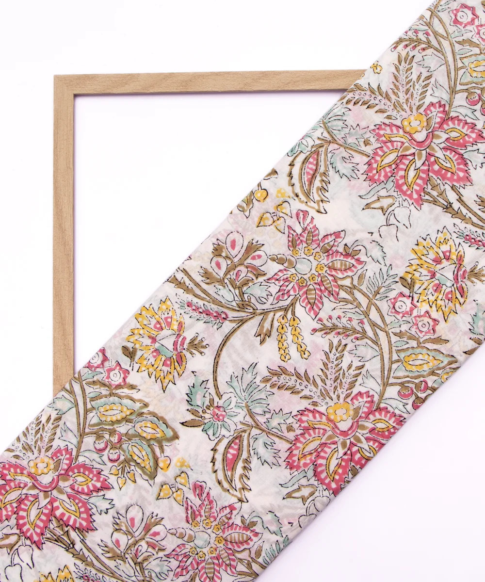 Jaipuri handblock White Printed Floral Natural Dye Soft Pure Cotton Fabric