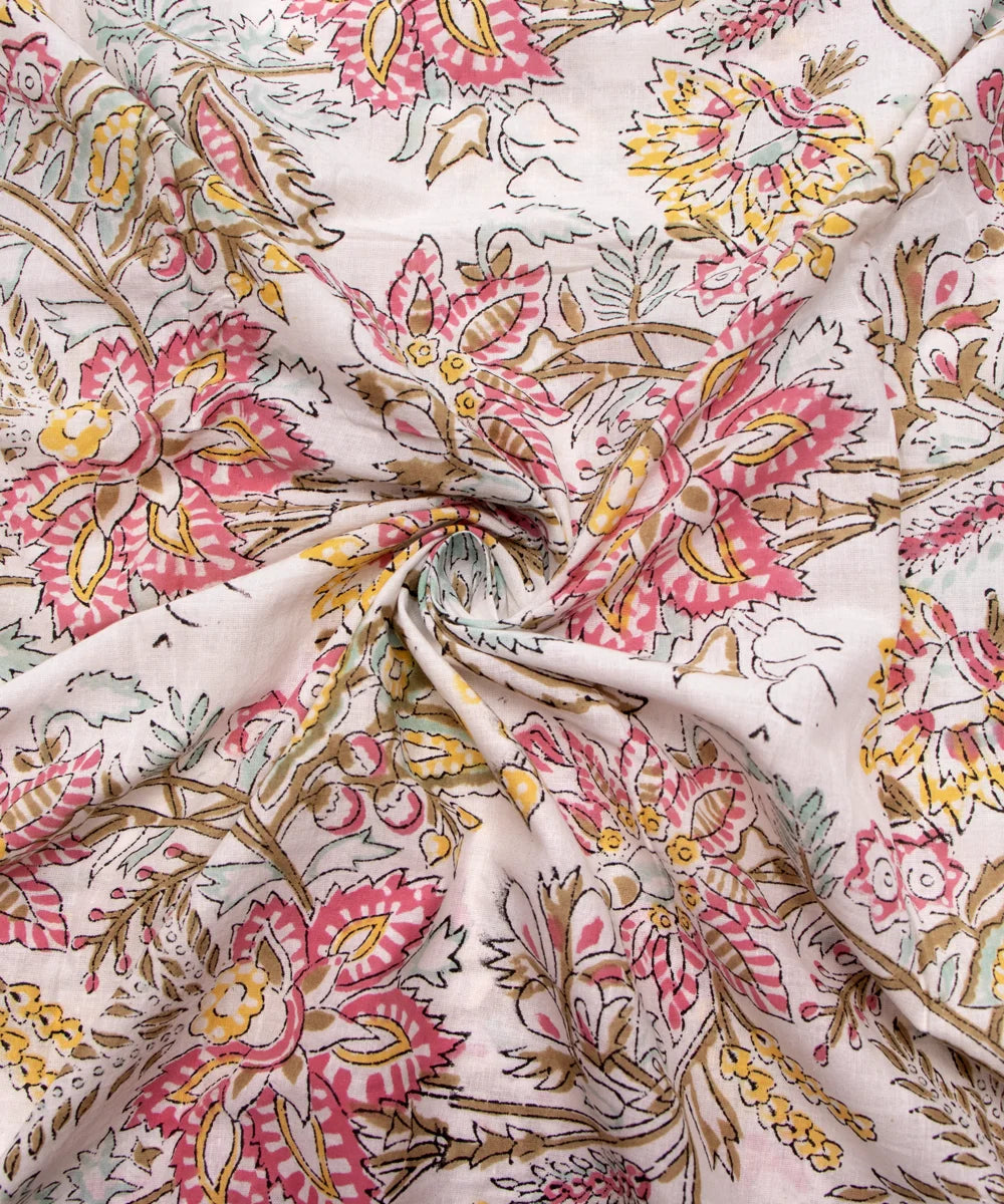 Jaipuri handblock White Printed Floral Natural Dye Soft Pure Cotton Fabric