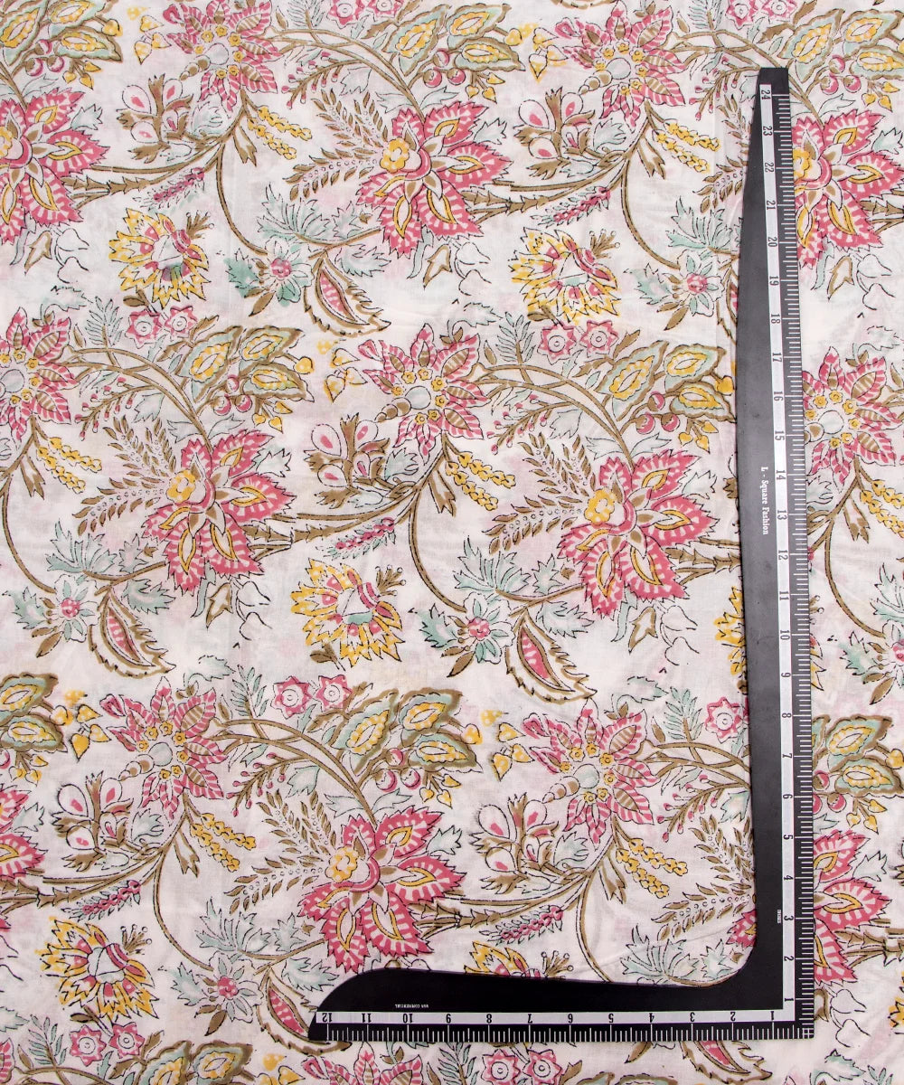 Jaipuri handblock White Printed Floral Natural Dye Soft Pure Cotton Fabric