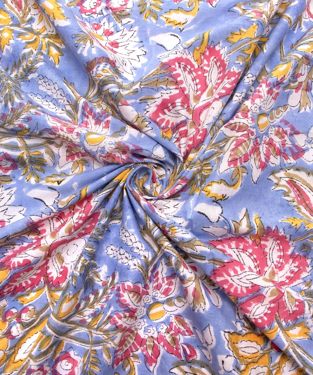Jaipuri handblock Light Blue Printed Floral Natural Dye Soft Pure Cotton Fabric