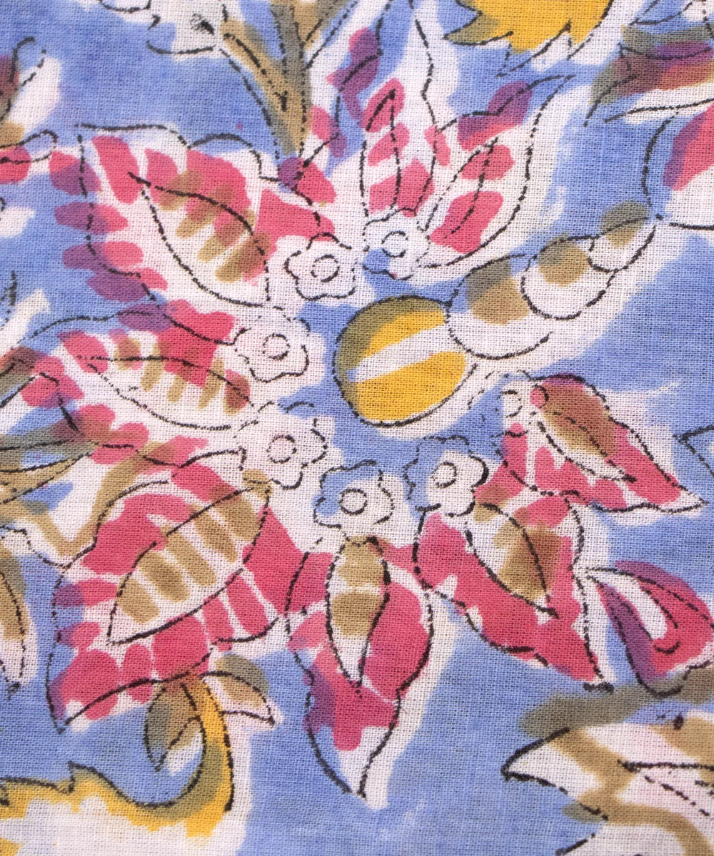 Jaipuri handblock Light Blue Printed Floral Natural Dye Soft Pure Cotton Fabric