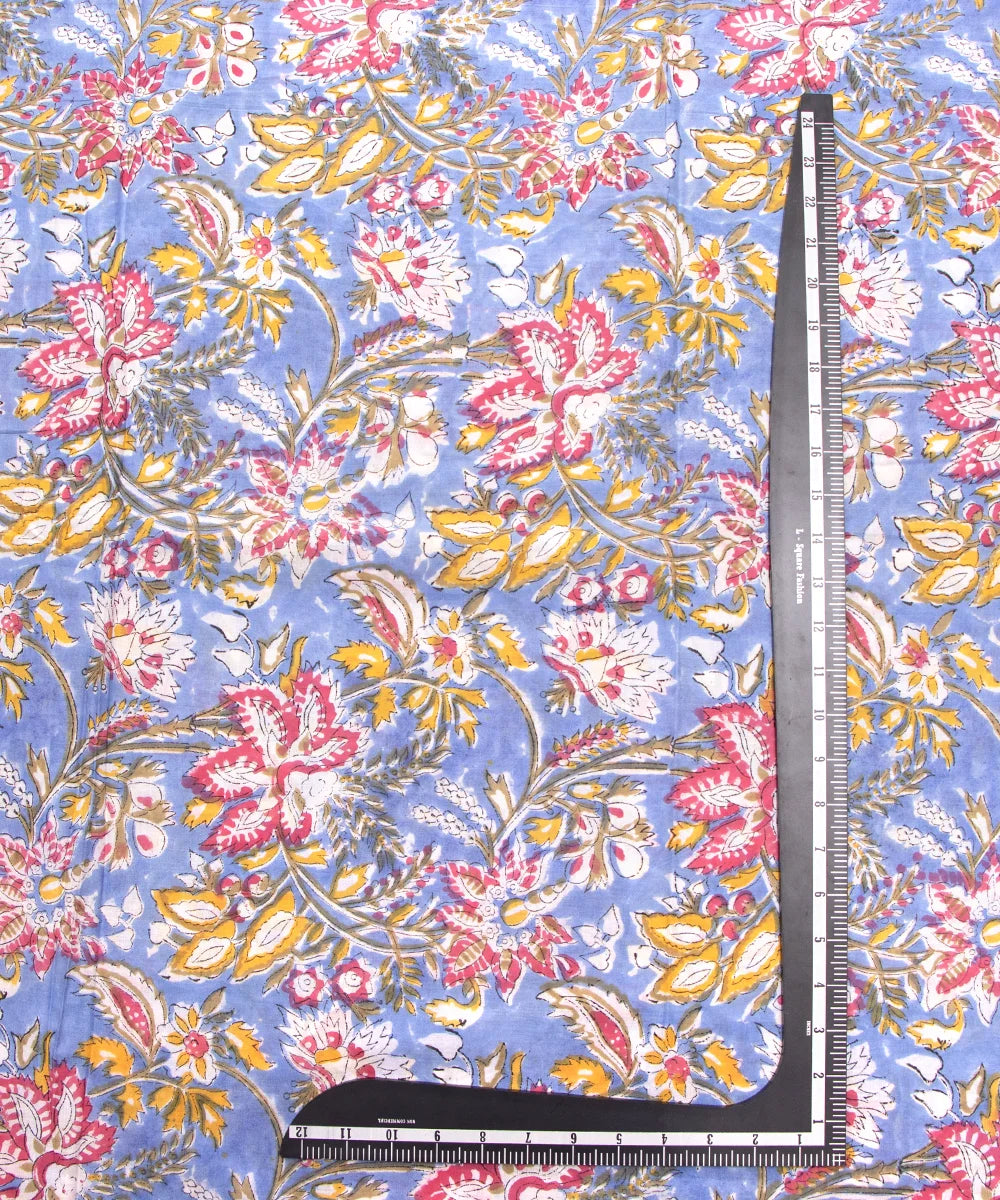 Jaipuri handblock Light Blue Printed Floral Natural Dye Soft Pure Cotton Fabric
