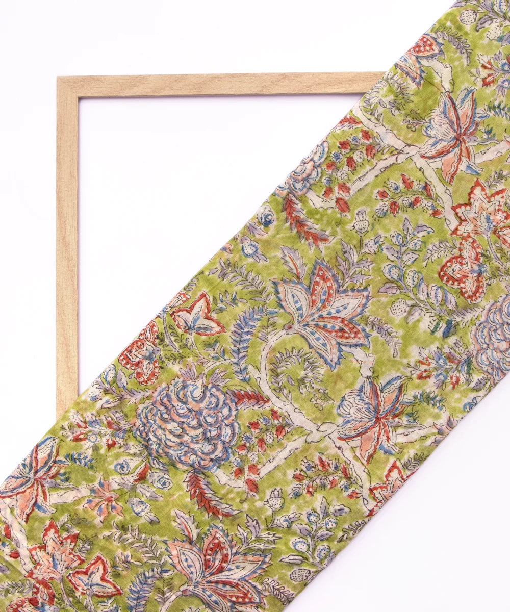 Jaipuri Premium Handblock Green Printed Natural Dye Chanderi Silk Fabric