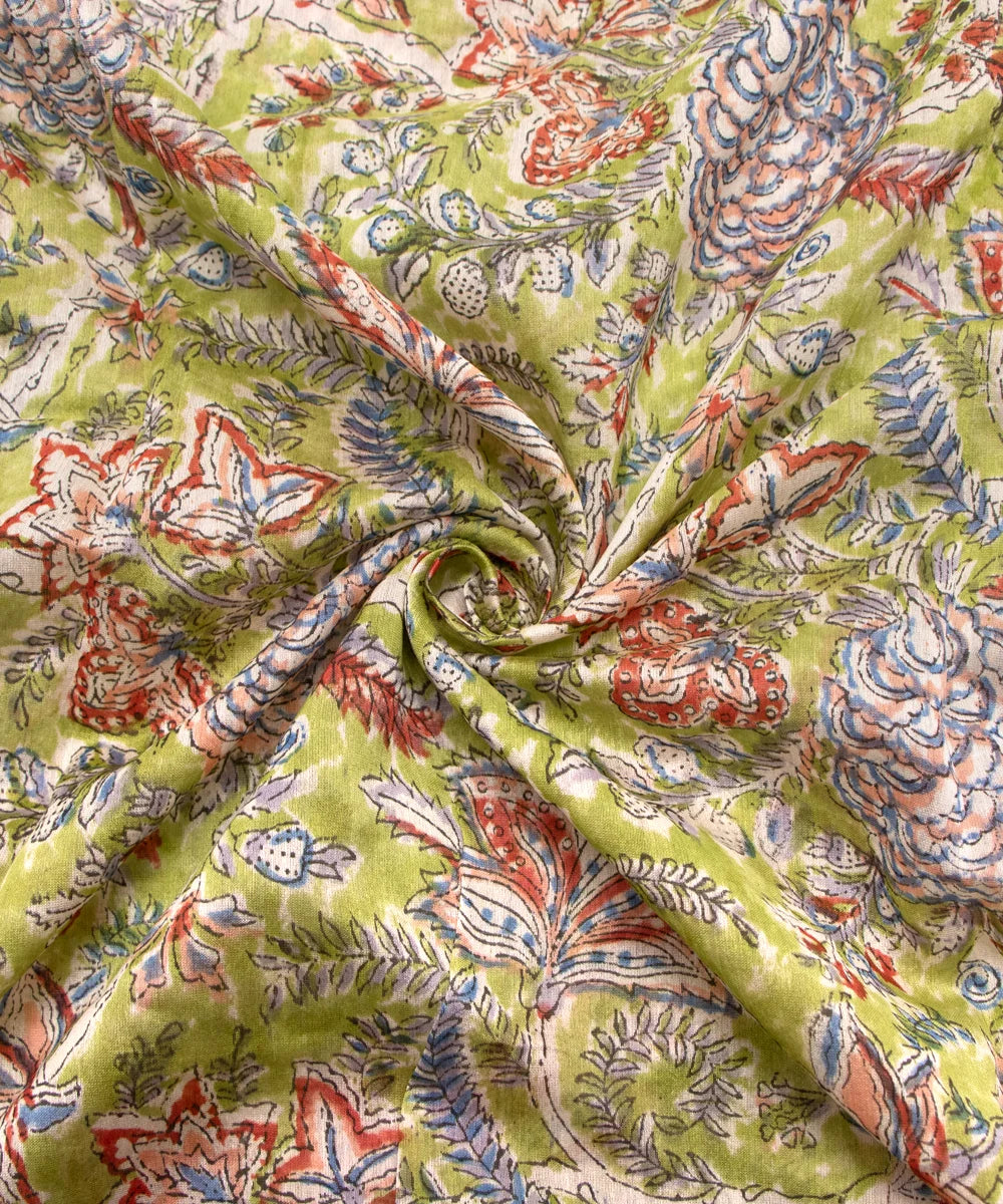 Jaipuri Premium Handblock Green Printed Natural Dye Chanderi Silk Fabric