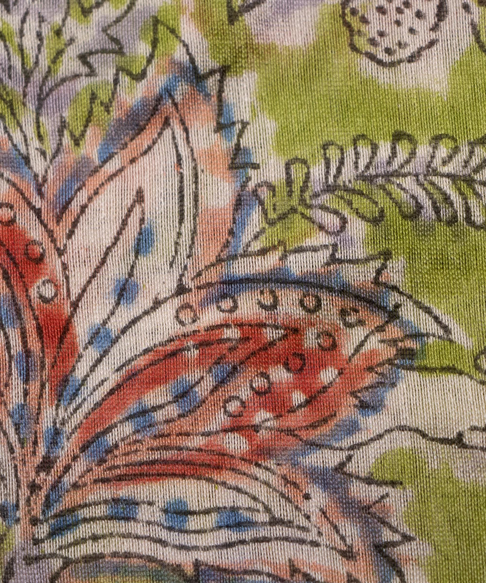 Jaipuri Premium Handblock Green Printed Natural Dye Chanderi Silk Fabric