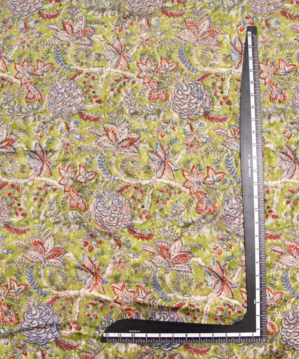 Jaipuri Premium Handblock Green Printed Natural Dye Chanderi Silk Fabric
