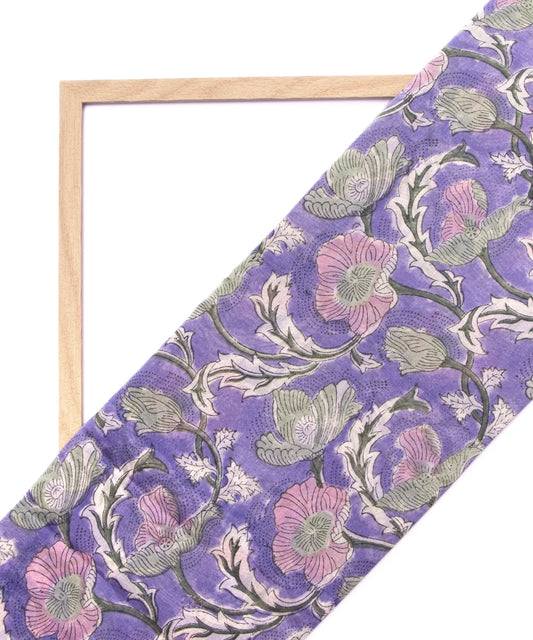 Jaipuri Premium Handblock Purple Printed Natural Dye Chanderi Silk Fabric
