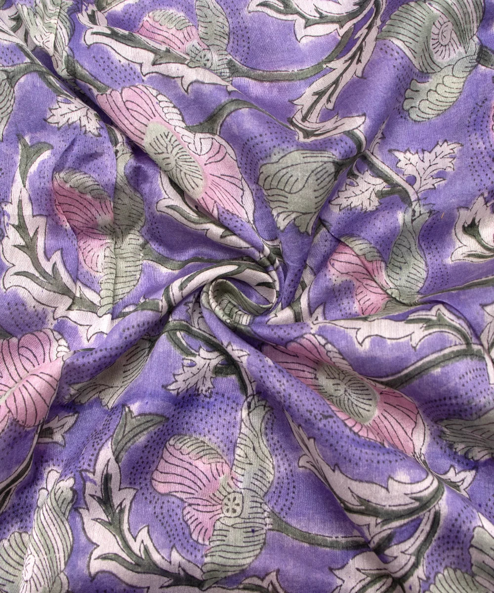 Jaipuri Premium Handblock Purple Printed Natural Dye Chanderi Silk Fabric