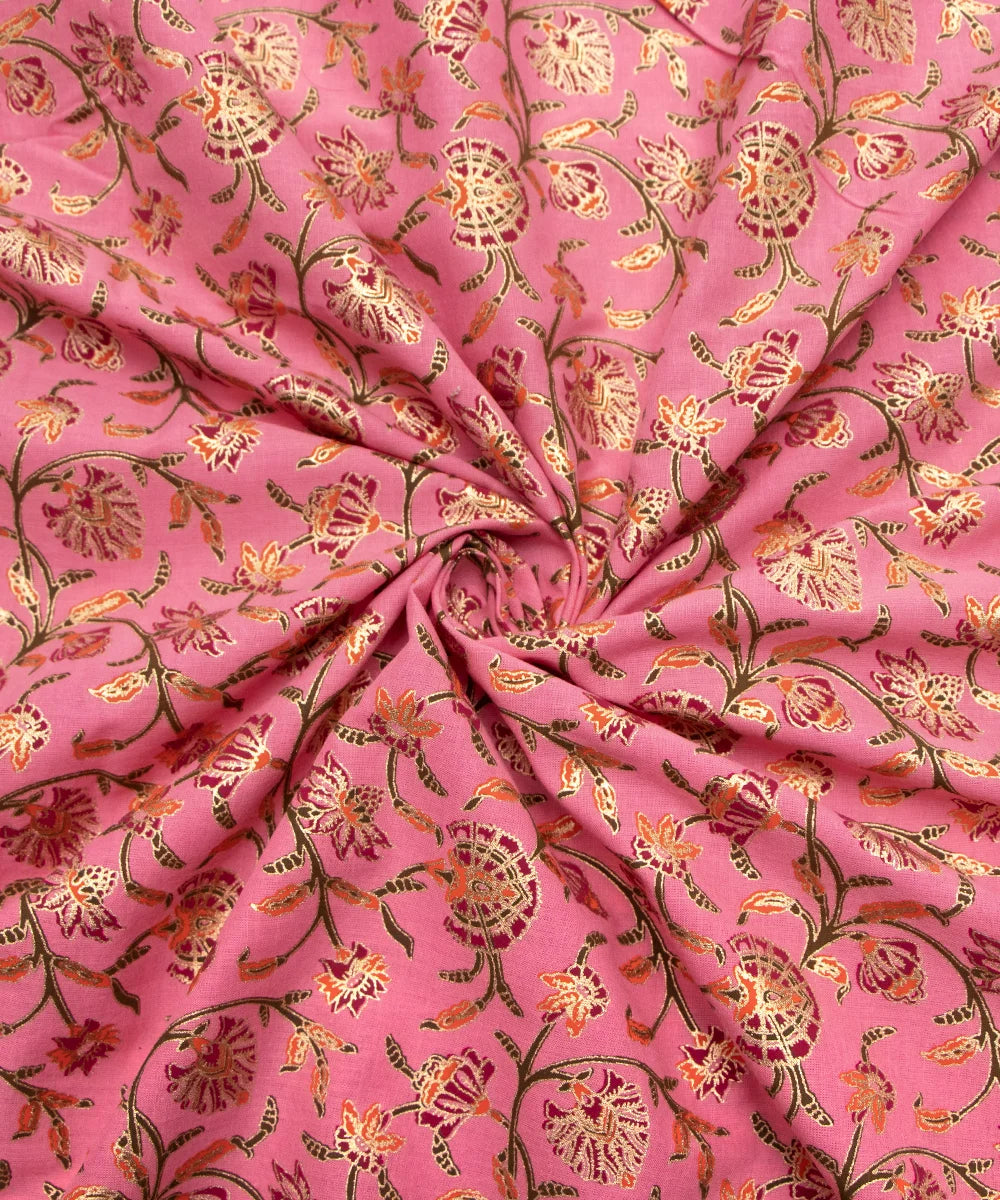 Screen Peach Golden Foil Printed Pure Cotton Fabric