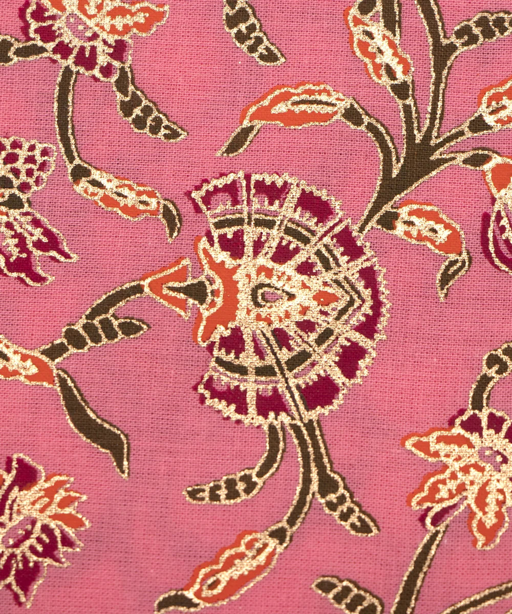 Screen Peach Golden Foil Printed Pure Cotton Fabric