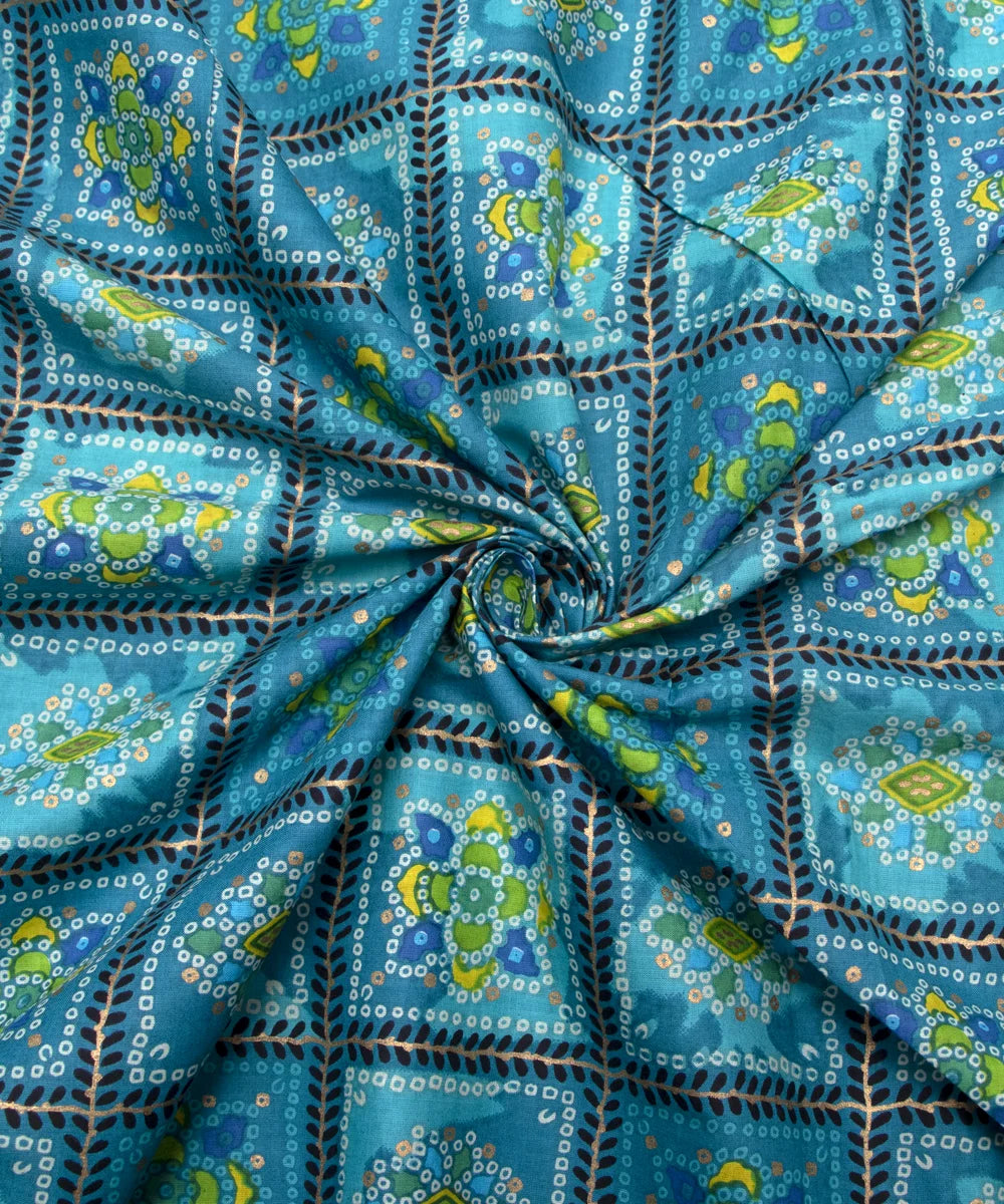 Jaipuri Screen Printed Bhandej Turquoise Blue Pure Cotton Fabric