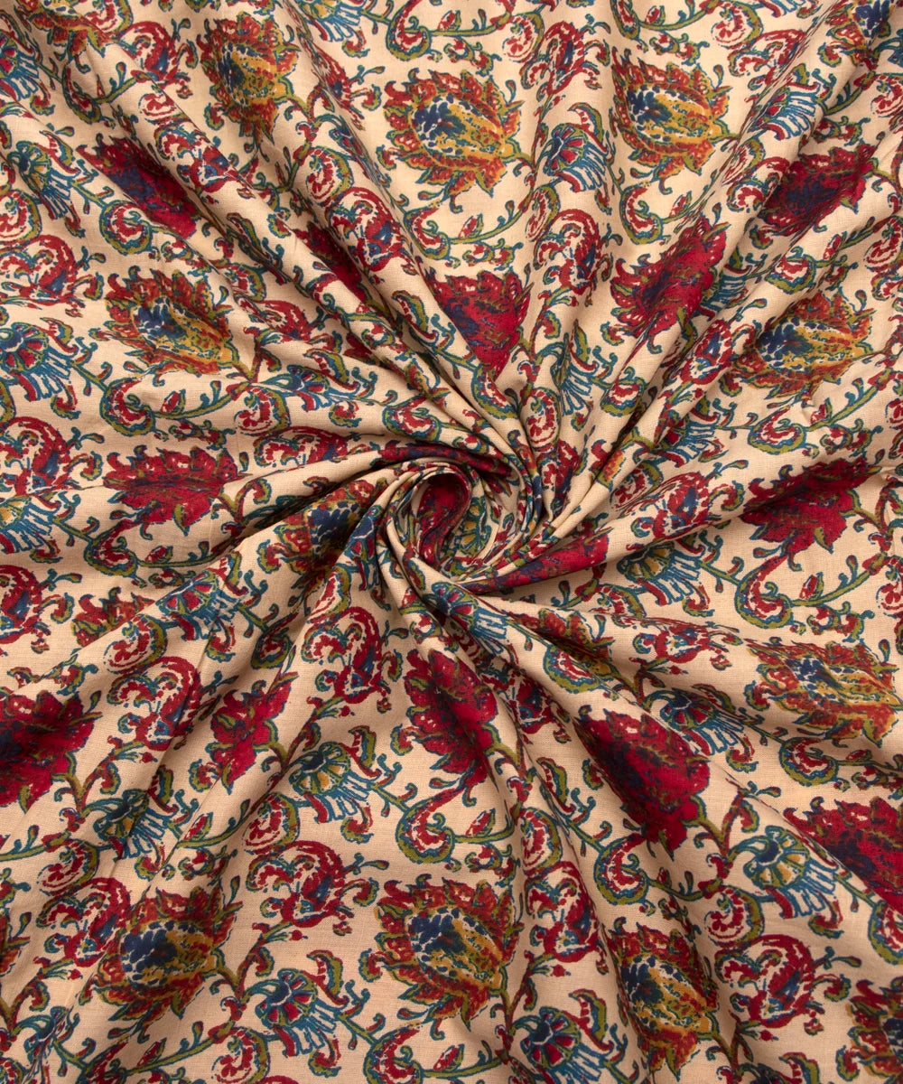 Jaipuri Screen Printed Beige Floral Pure Cotton Fabric