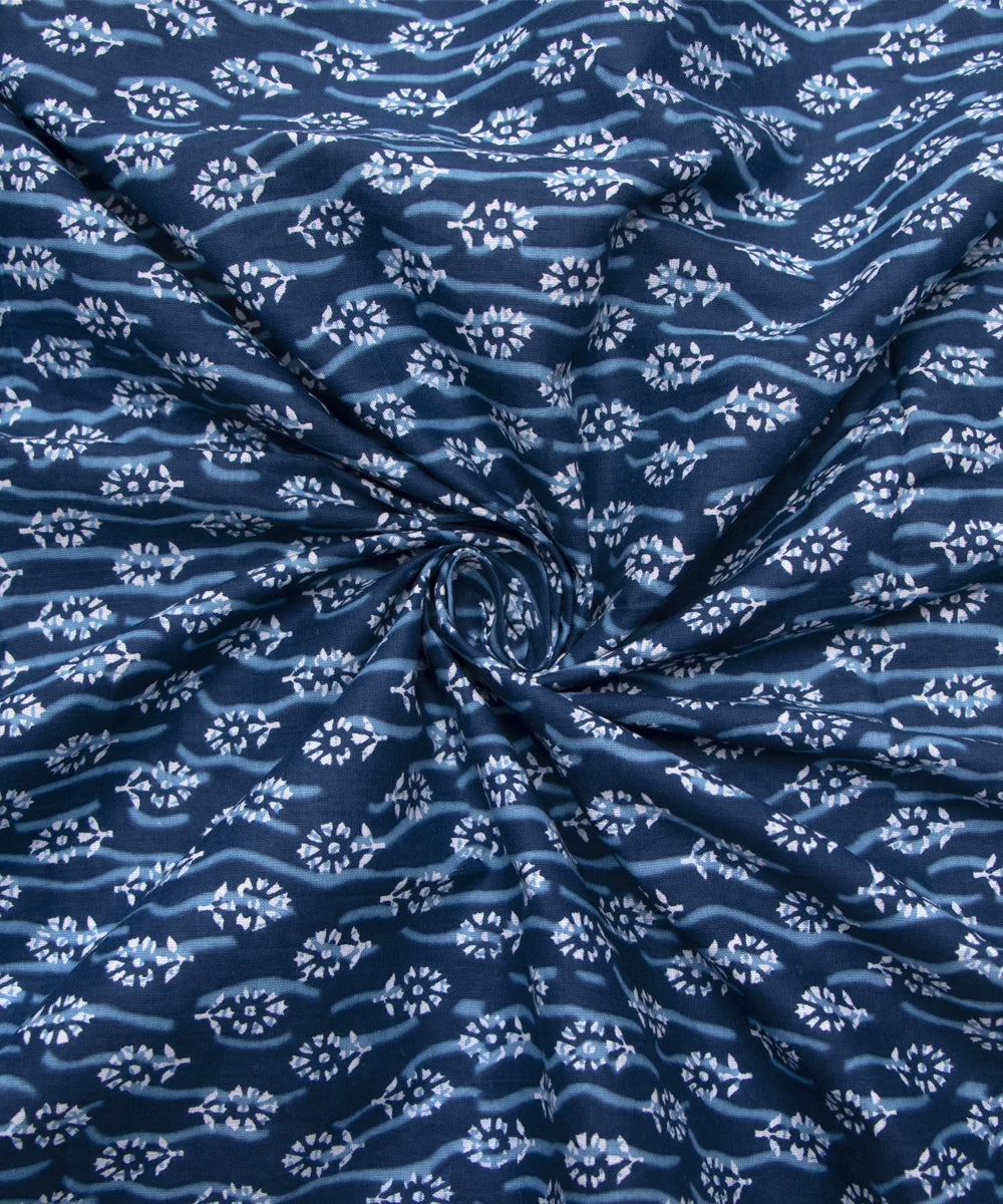 Jaipuri Screen Printed Blue Butti Pure Cotton Fabric